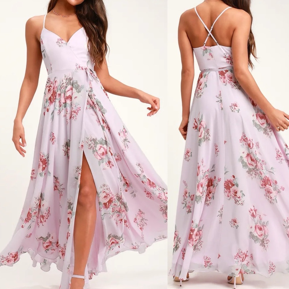 Lulus Elegantly Inclined Lavender Purple Floral Print Wrap Maxi Dress Large